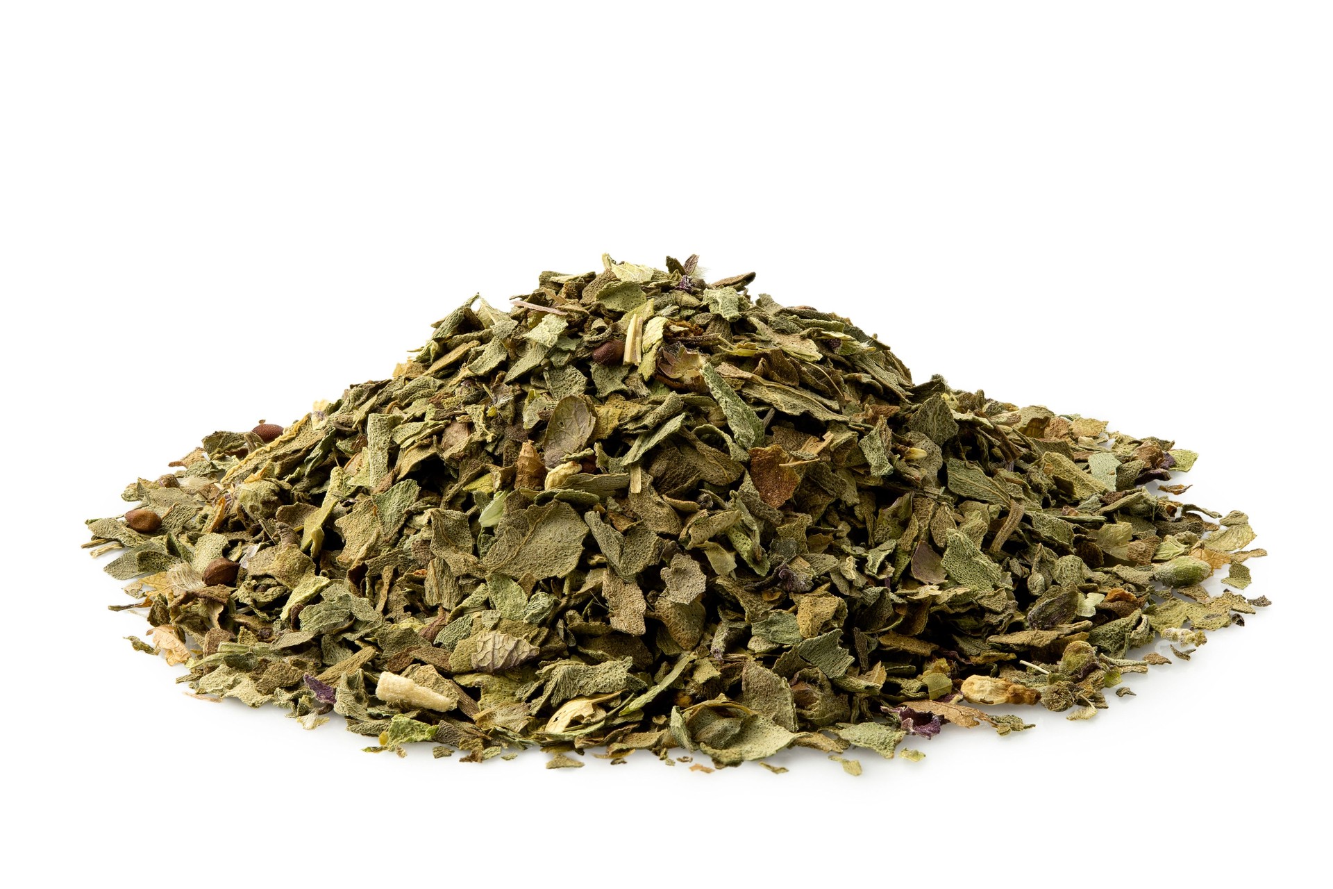 A pile of dried chopped basil isolated on white.