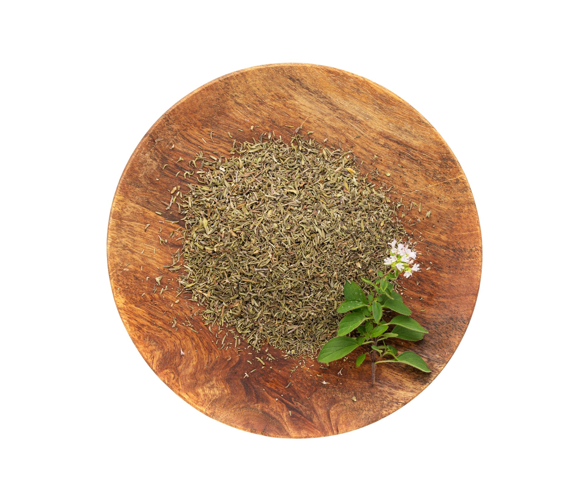 Dry thyme isolated, dried marjoram, oregano pile, ground crushed thyme seasoning, thyme leaves